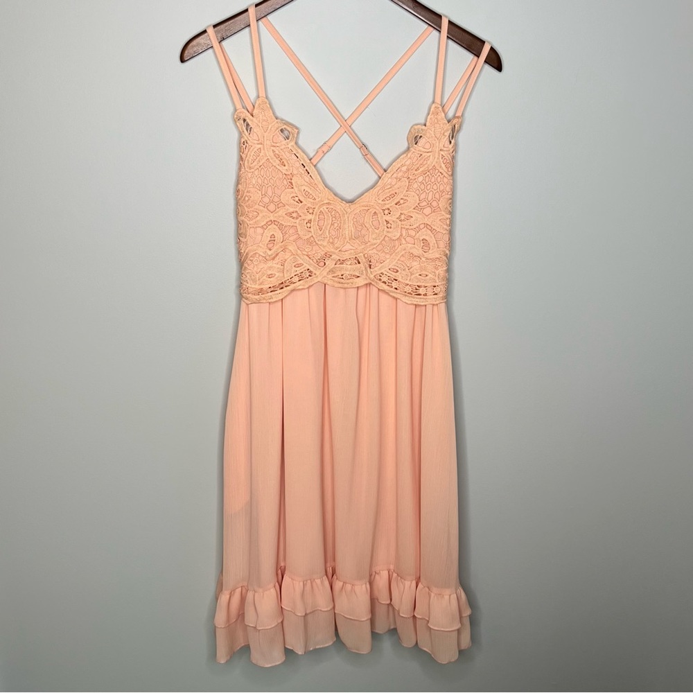 Feager Boho Lace Spaghetti Strap Ruffle Sundress Pale Peach Dress, Women’s Small